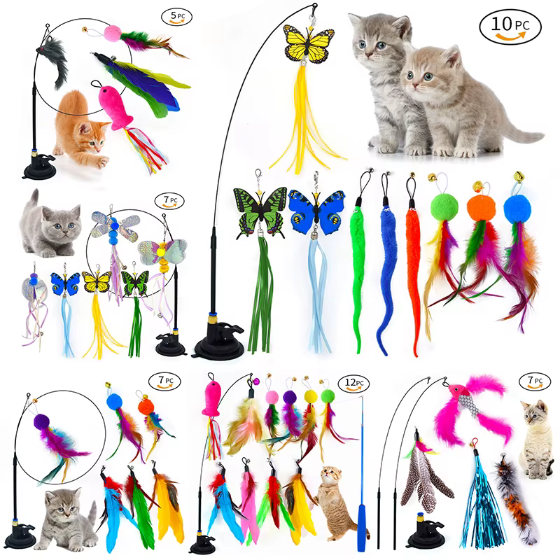 Interactive Cat Toy Handfree Cat Stick Playing Kitten Playing Teaser Wand Toy Suction Cup Bird/Feather Cat Wand Toys Set