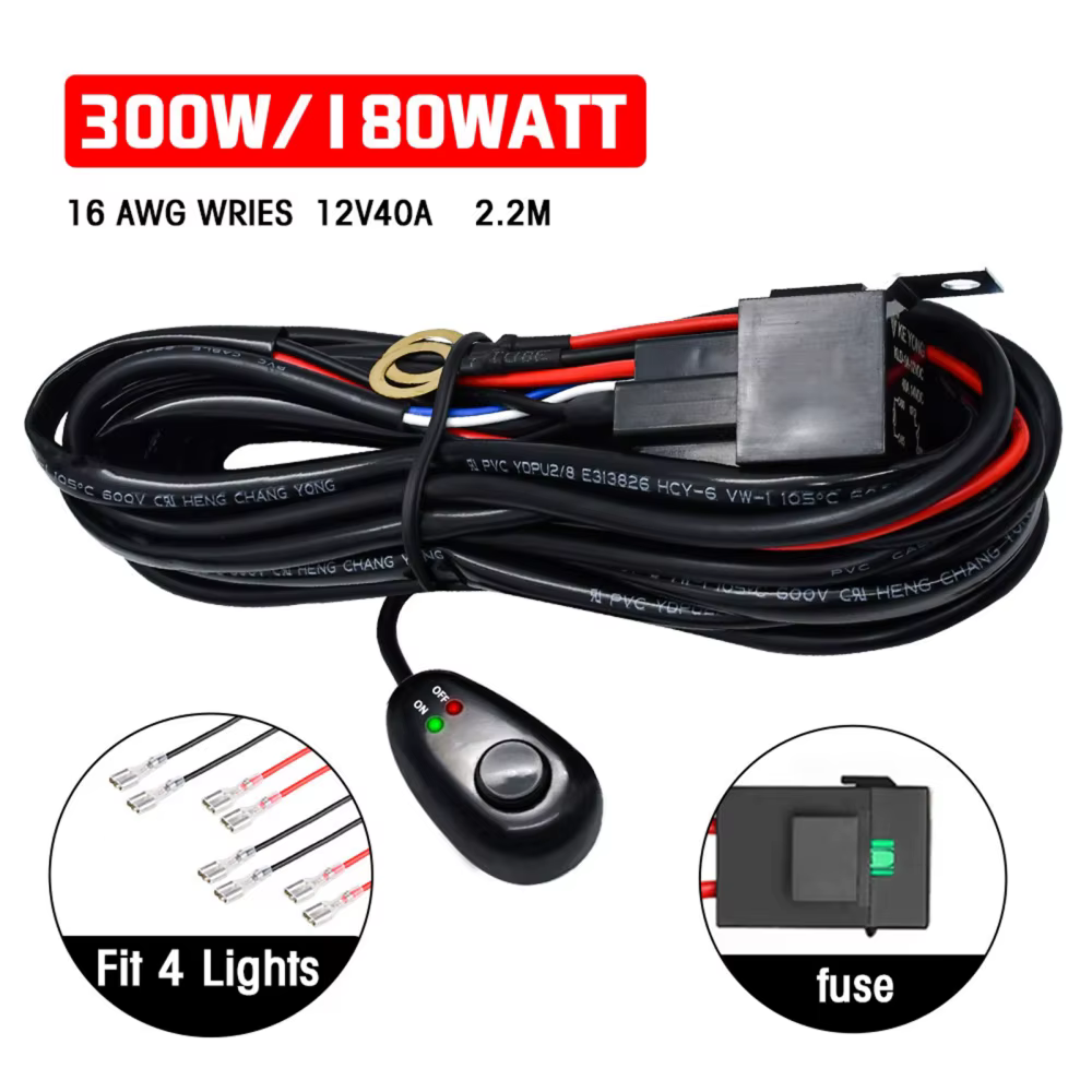 LED Light Bar Wiring Harness Kit 300W 2 Leads 16 AWG Universal LED Wiring Harness w/ 12V 40A Relay On & Off Switch Wiring Harnes