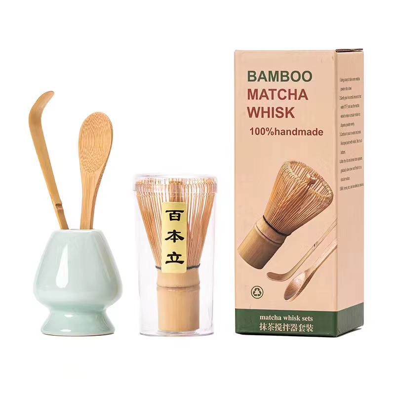 4 IN 1 Bamboo Matcha Powder Whisk Teaspoon Ceramic Bowl Tranditional Tea Matcha Whisk (Chasen)Sets Home Tea-making Accessories