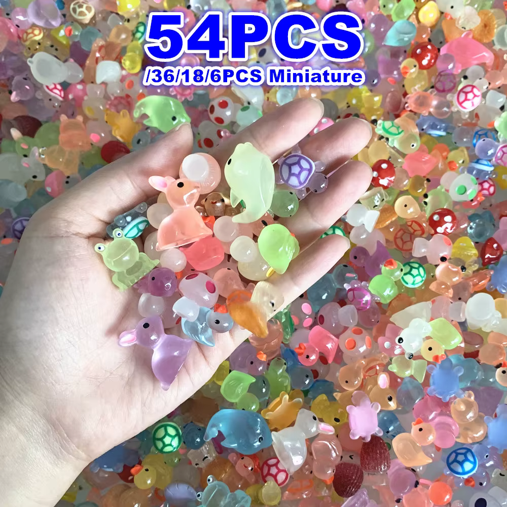 6/18/36/54pcs Luminous Mini Resin Animal Mushroom Figurine Glow in The Dark Miniature Figures Ornament Fairy Garden Accessories