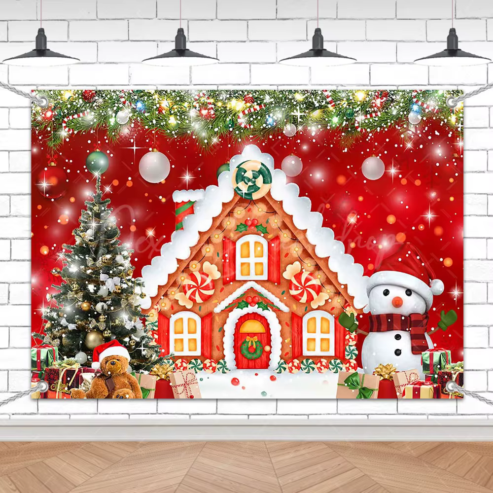 7X5FT Xmas Gingerbread House Backdrop Candy Stacked Christmas Tree Snowflakes Red Background Warm Winter Decor Christmas Party