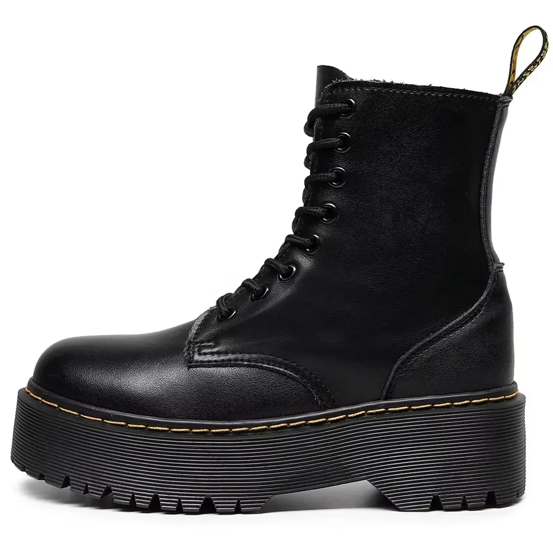 신발 블랙 가죽 라지 프리미엄 플랫폼 부츠 여성 복사뼈 부츠 펑크 신발 두꺼운 바닥 오토바이 부츠