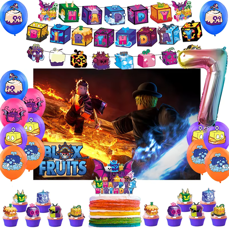 Blox Fruits Birthday Party Decoration Balloon Banner Backdrop Cake Topper Blox Fruits Party Supplies Baby Shower