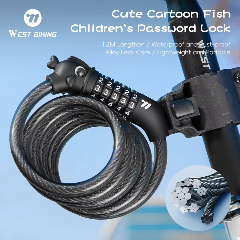 WEST BIKING Children Bike Password Lock 1.2m Alloy Waterproof Anti-Theft Lock Cute Cartoon Fish Head Design Bicycle Accessories