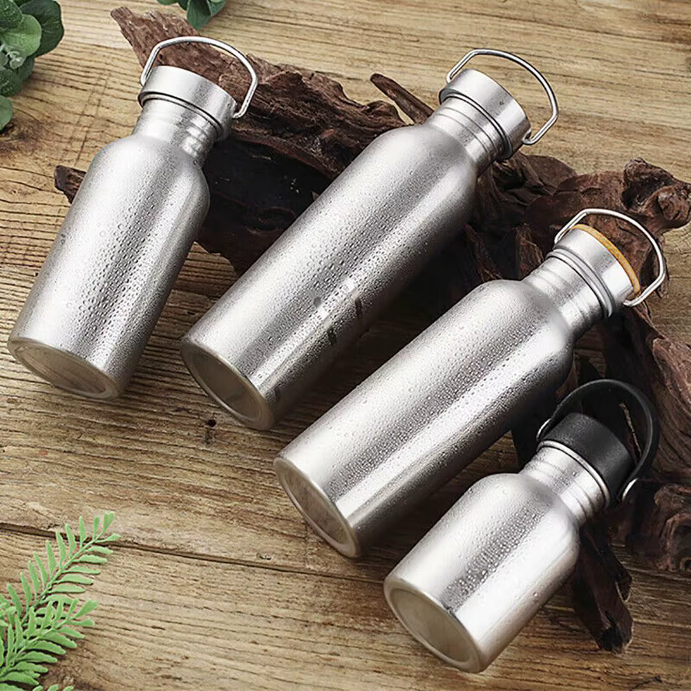 Simple Single Walled Water Bottle Leak-Proof Stainless Steel Bicycle Water Bottles Bamboo Lid Metal Flask Portable Sports Kettle