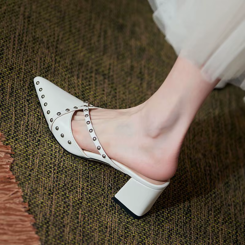 FHANCHU 2023 Leather High Heeled Slippers,Fashion Summer Rivets Shoes Slides,Close Pointed Toe,Outside Wear,Black,Beige,Dropship
