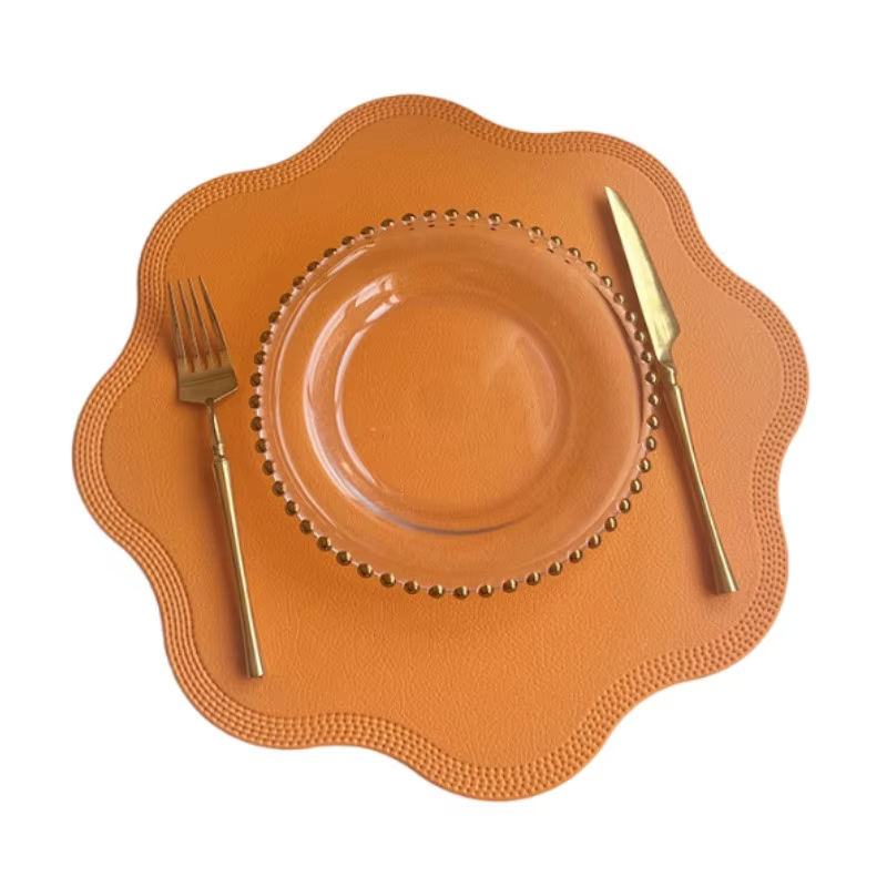 Orange Placemat Flower Shaped PU Faux Leather Table Place Mats for Round Dining Tables Round Place Mat Round Table Mats 식탁매트