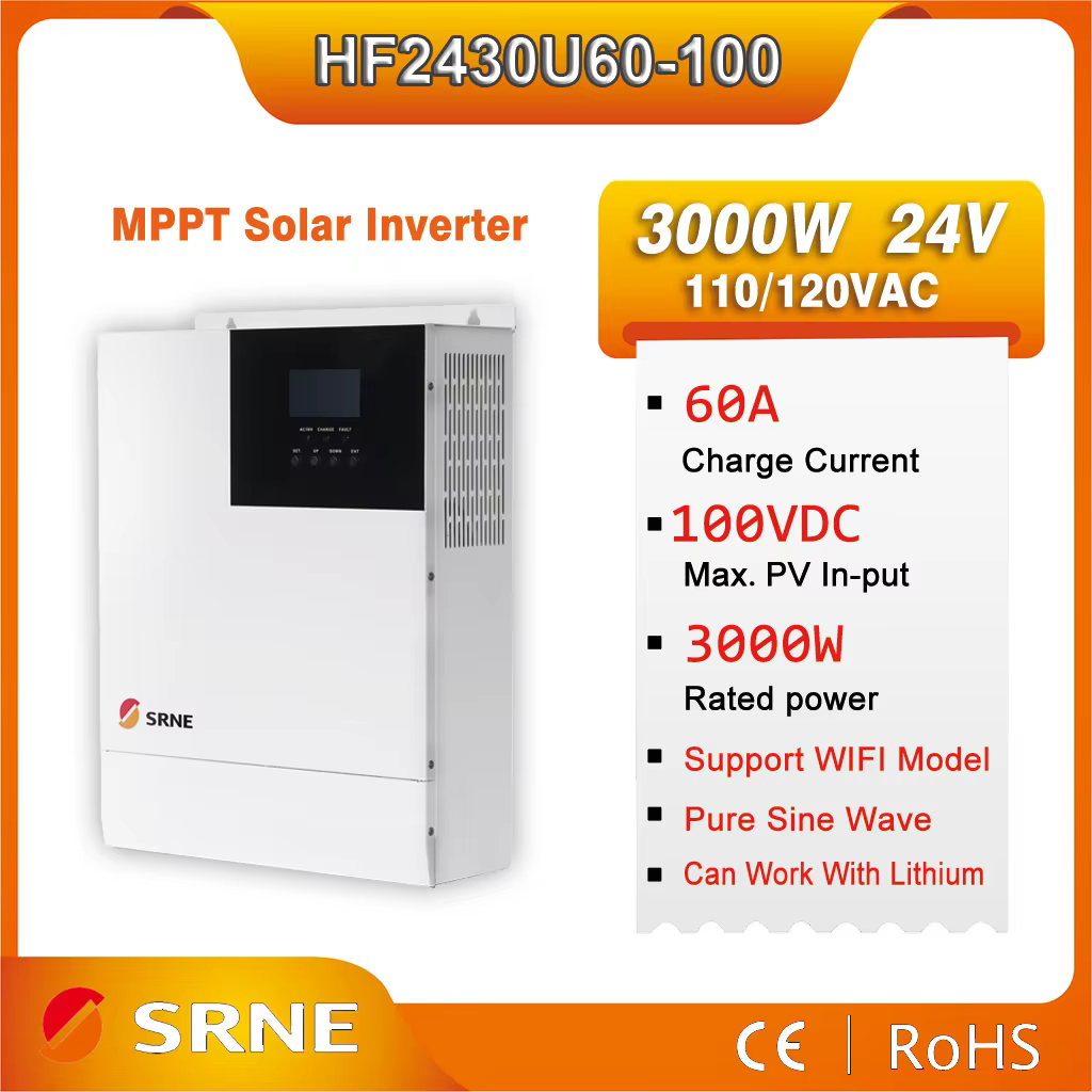 SRNE 3000W 24V MPPT 60A Solar Hybrid Inverter 110V/120VAC Pure Sine Wave Off-Grid Inverter Max PV Input Voltage 100VDC With Wifi