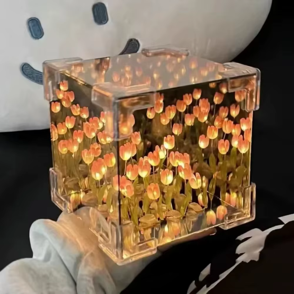 DIY Tulip Mirror Cube Lamp Flower Table Lamp Handmade Romantic Valentine's Day Lamp Tulips Home Decorations Gift for Girlfriend