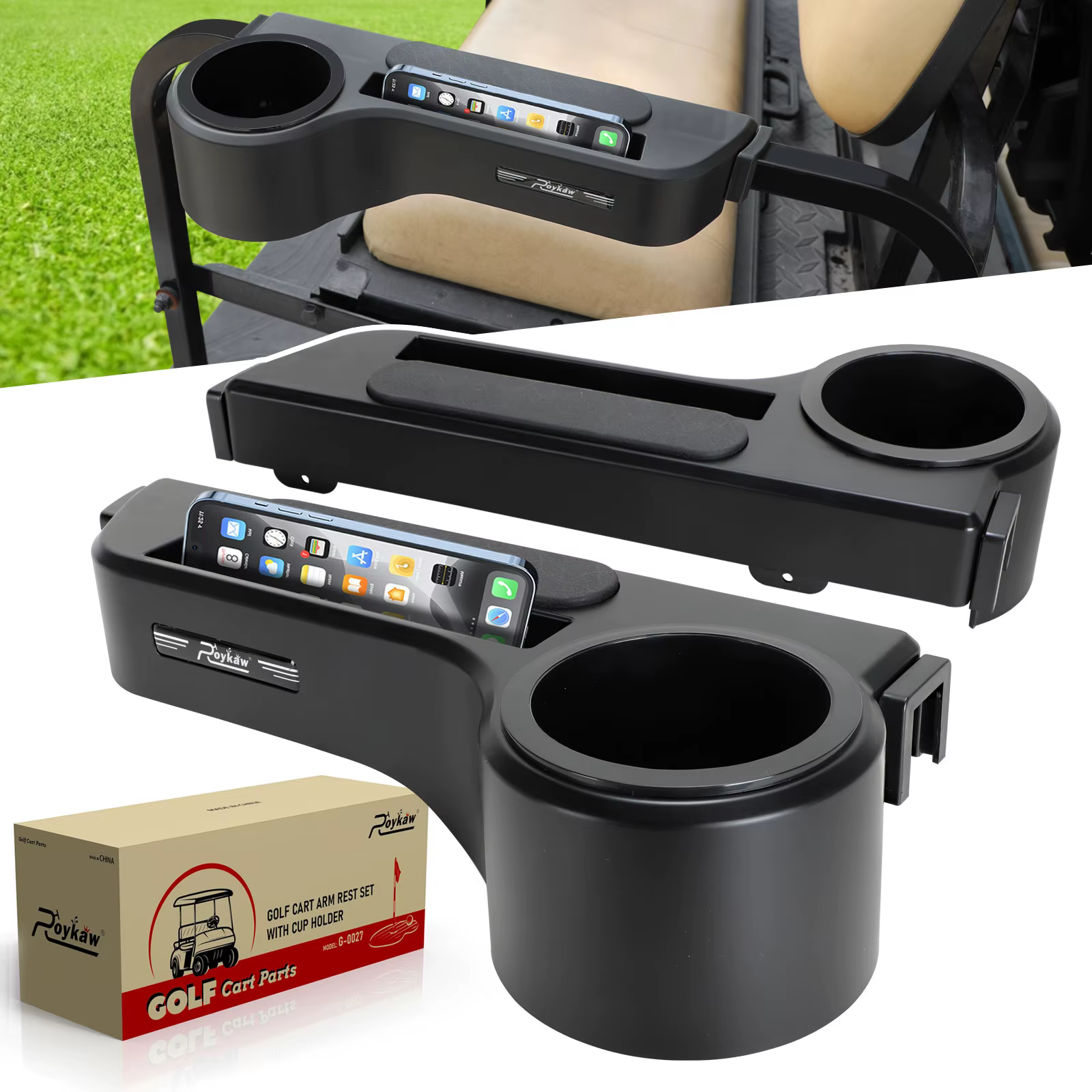 Roykaw Golf Cart Armrest with Cup Holder/Rear Seat Arm Rests for EZGO/Club Car & Most Golf Cart, w/ Phone Holder, No Drilling