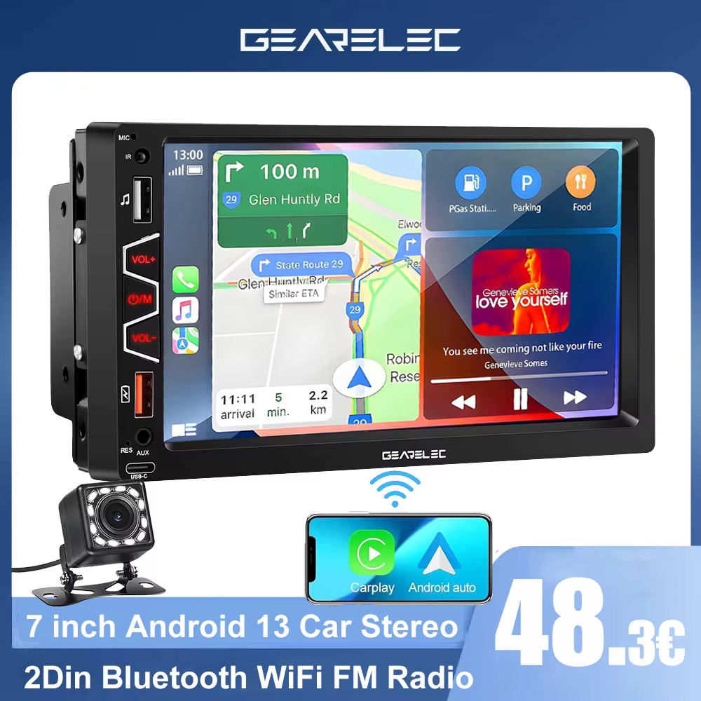 GEARELEC 7" Wireless 2Din Car Radio Carplay Android Auto Radio Car Stereo Receiver Android 13 WiFi FM Radio Multimedia Player