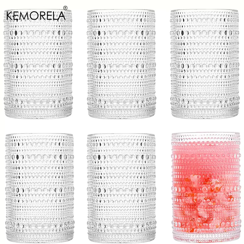 15oz Hobnail Drinking Glasses with Straws Vintage Glassware Set of 6 Embossed Vintage Water Cups, Highball Glasses for Cocktail