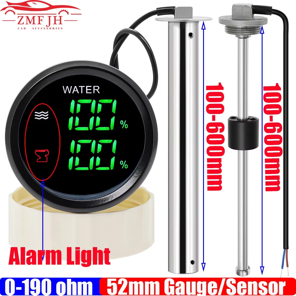 Digital Dual Gauge with Alarm 52MM Water Level+Sewage Level Meter for Water/Sewage Level Sensor 0-190ohm Boat Car 12V24V Custom