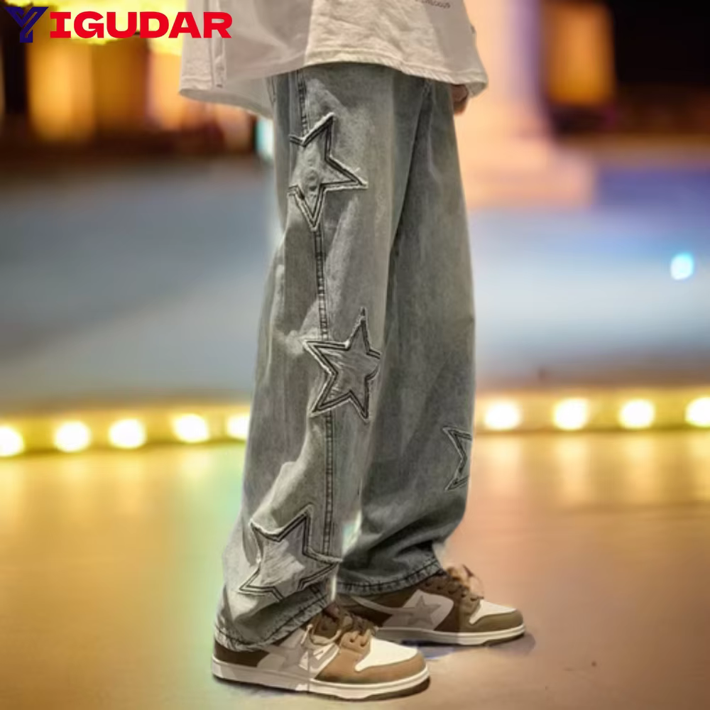 Star Embroidery Straight Casual Men Jeans Neutral Wide Leg Loose Hip-hop Fashion Youth Streetwear Denim Trousers Y2K pants men