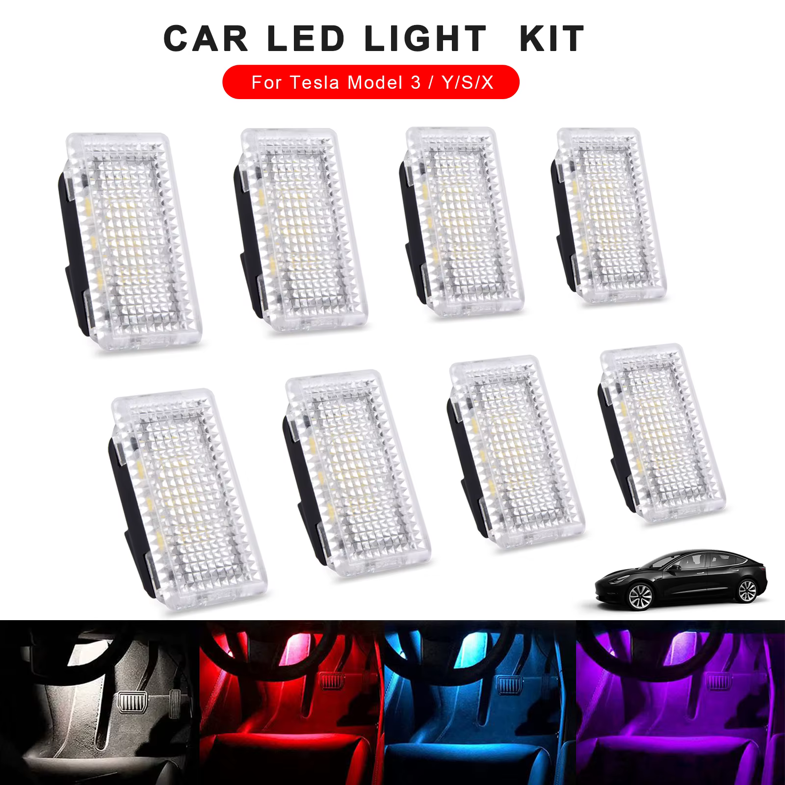 2/4/8pcs LED Car Light Bulbs Kit Trunk Frunk  Door Puddle Light For Tesla Model 3 Y X S Easy Plug Replacement LED Interior Lamp