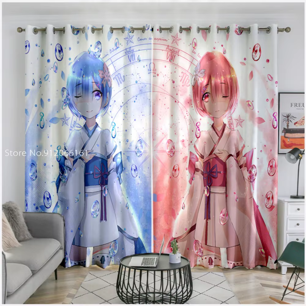 Life In A Different World From Zero Window Curtain 3D Print Cartoon Anime Girls Window Drapes 2 Panels For Kids Window Treatment
