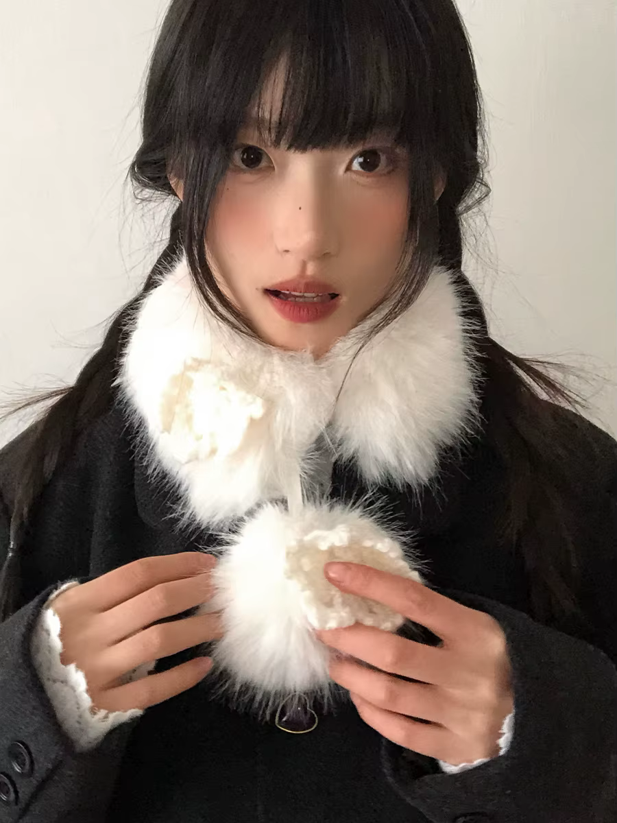 White Fluffy Small Scarf For Women, Korean Style, Thick, Warm, Cute Fur Neck Warmer, Soft And Fluffy