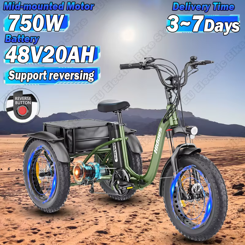 Electro Tricycle 750W Motor 48V20AH Lithium Battery Folding Electric Tricycle Adult 20*4.0 Inch Fat Tire Snow Electric Bicycle