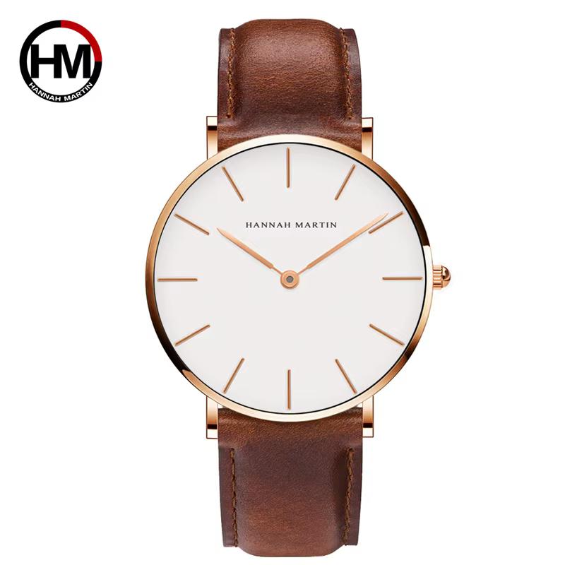 Hannah Martin High Quality Men's Watch Fashion Japan Quartz Wrist Watches Silver Brown Leather Quartz Movement Waterproof Clock