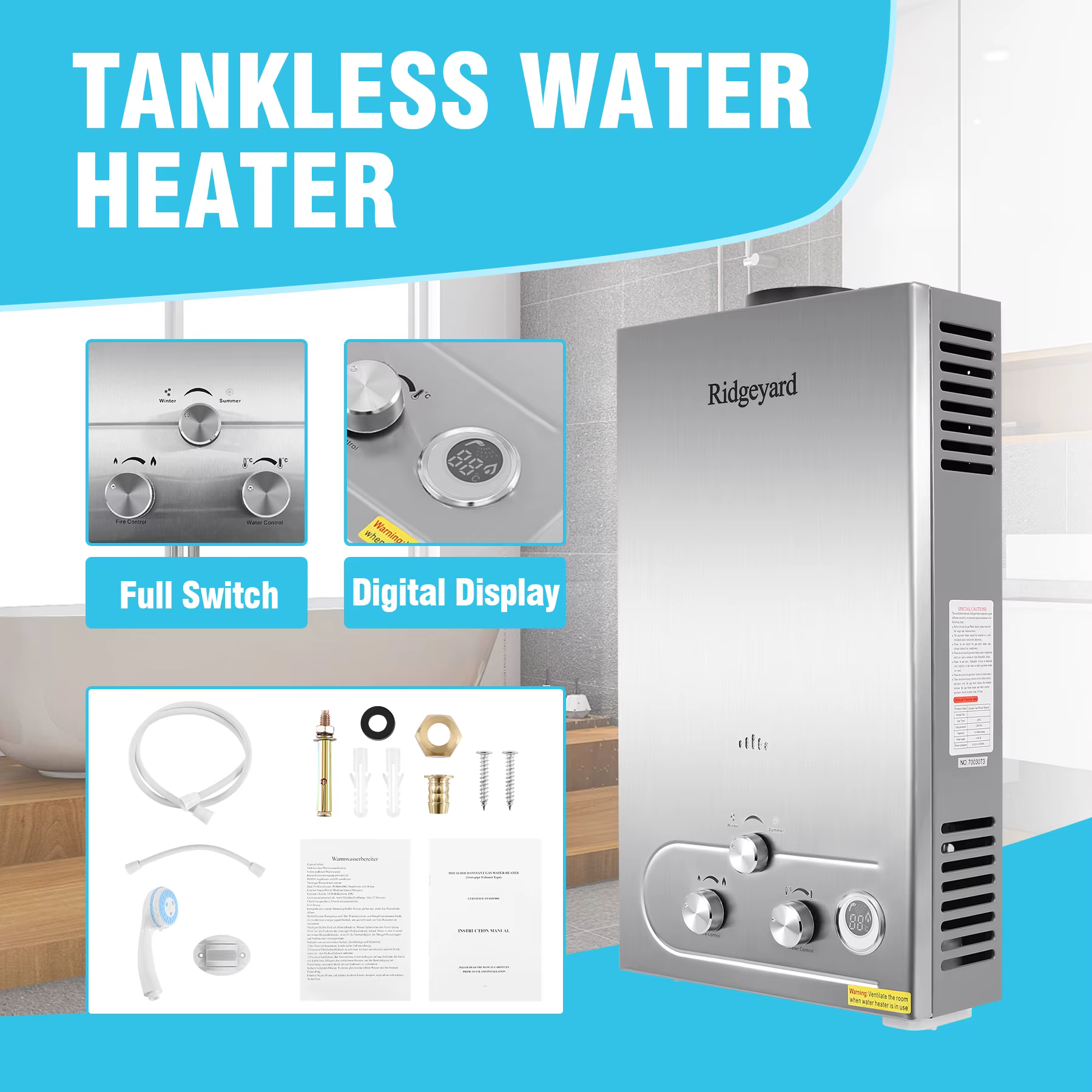 12L LPG Tankless Hot Water Heater Propane Gas Camping Instant Gas Water Heater With Shower Head Outdoor