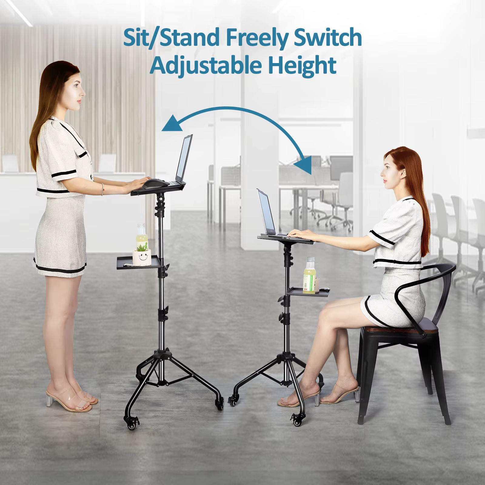 Portable Projector Floor Stand Adjustable Height Projector Tripod Stand with 2 Shelves, Laptop Tripod on Wheels With Two Clip