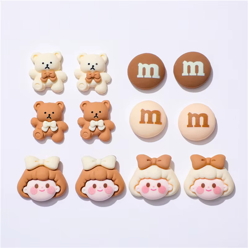 10pcs Cartoon Beige Coffee Bear M Beans Girl Flatback Resin Cabochon For Hair Bow Clips Accessories Scrapbook Diy Home Decor