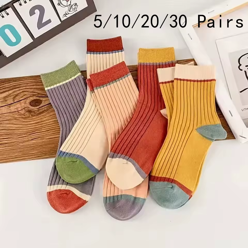 5/10/20/30 Pairs Candy Color Blocking Women Socks Cute Mid Length Kawaii Socks Harajuku Autumn And Winter Soft Breathable Socks