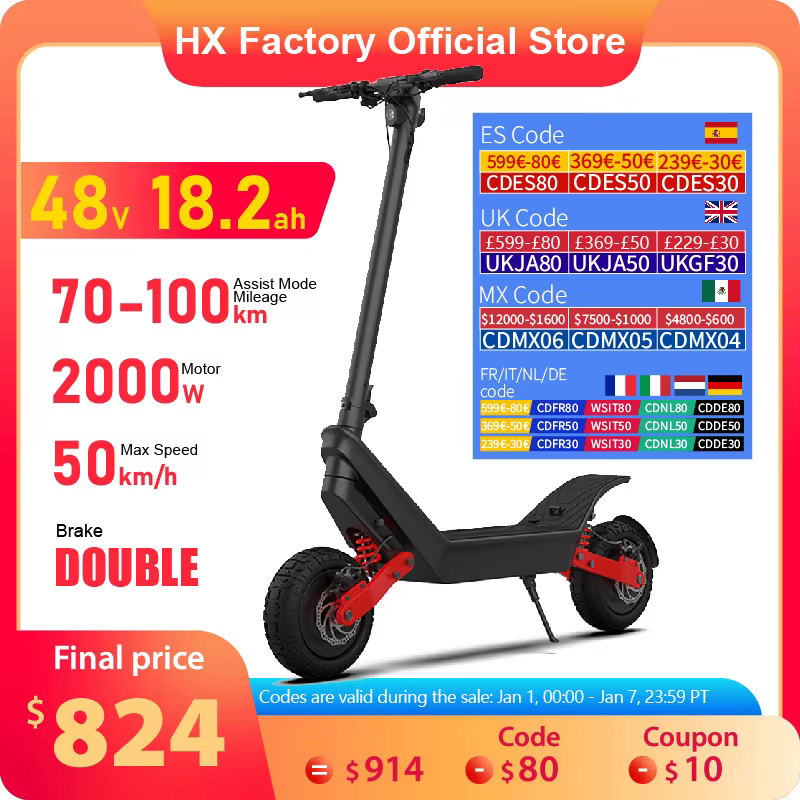 HX X10 18.2AH Electric Scooter 2000W 50KM/H Foldable Electric Kick E Scooter Dual Motors 11 Inch Escooter for Adults