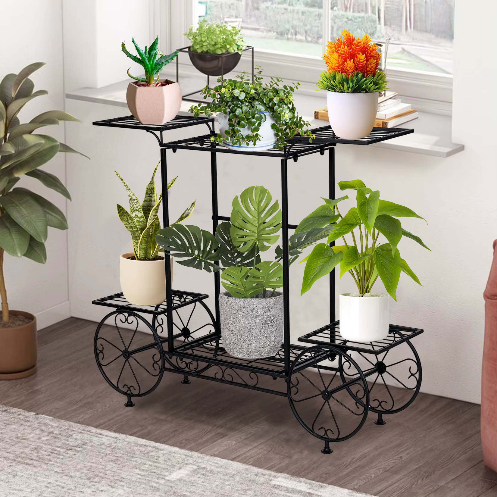 Large Metal Plant Stand Indoor 6 Tier Garden Cart Plant Holder Wrought Iron Plants Display Shelf Rack Outdoor Decorating Garden