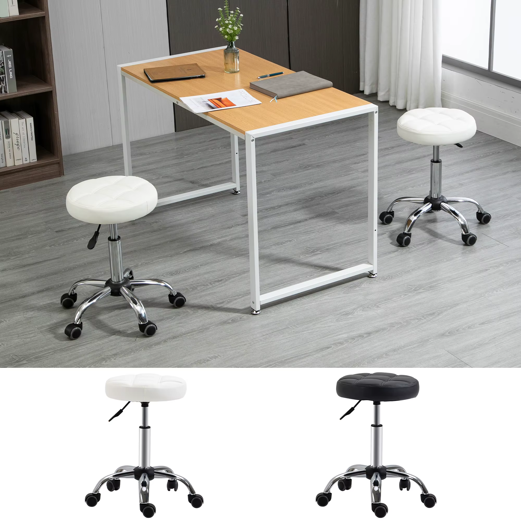 HOMCOM 48-63 cm Height Adjustable Wheel Rotating Stool PU Leather Upholstered Work Stool for Cosmetic Hairdressing Dentist Diameter Ø 35,5 cm Black