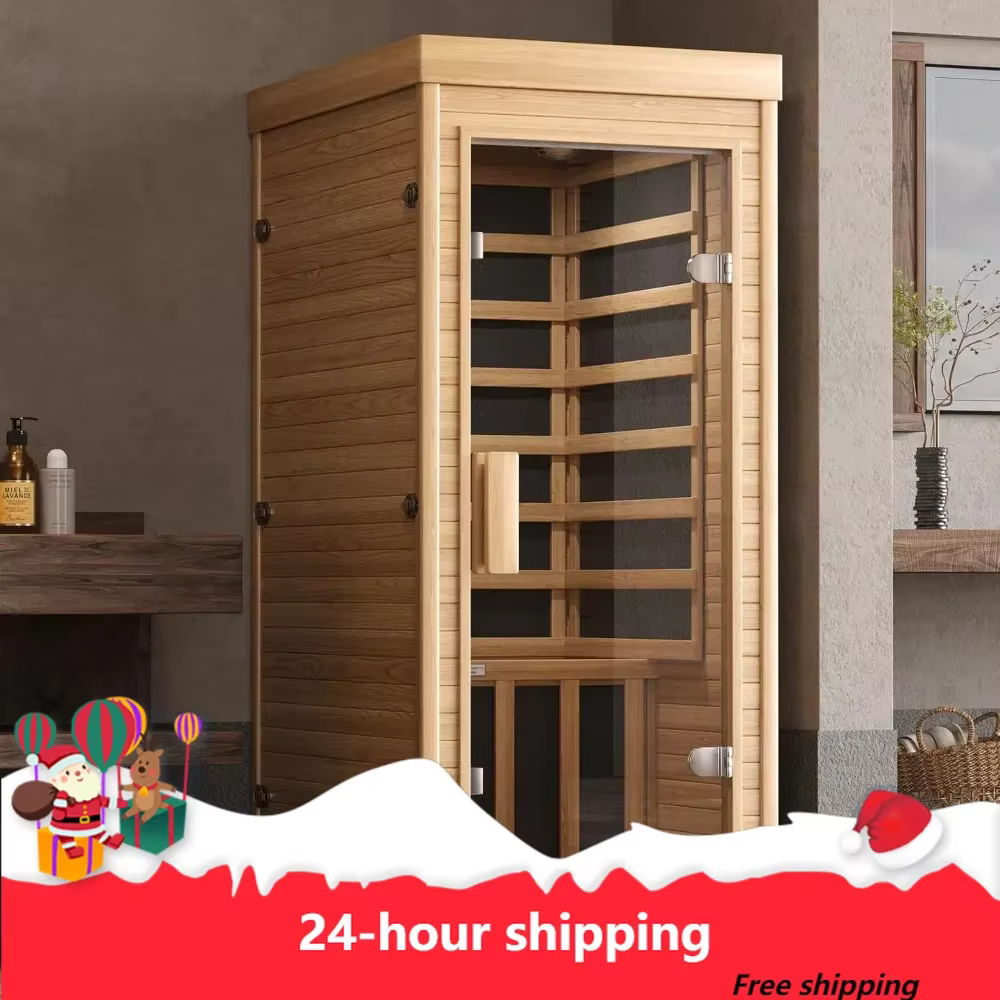 Infrared Home Sauna Room 1 Person Hemlock Wooden Indoor Dry Sauna,Low EMF 1150W/110V Heaters Panels,LCD Control Panel