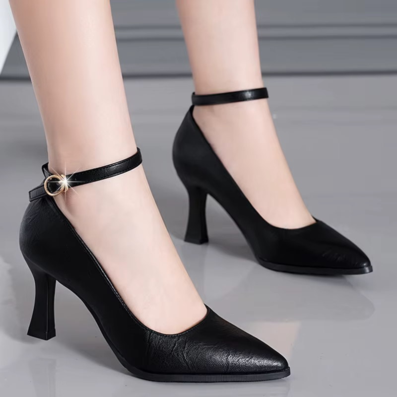Rimocy Classic Black Thin Heels Pumps Women Pointed Toe Ankle Strap High Heels Shoes Woman Pu Leather Soft Sole Office Shoes