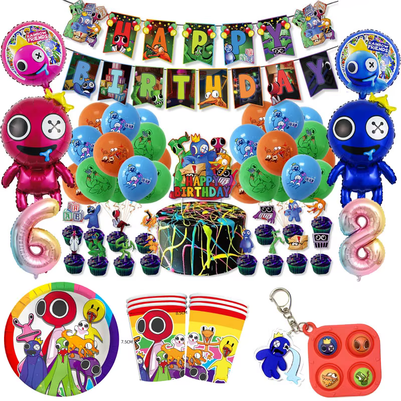 Rainbow Friends Birthday Party Decoration Cartoon Latex Foil Balloon Set Disposable Tableware Banner Kids Party Supplies