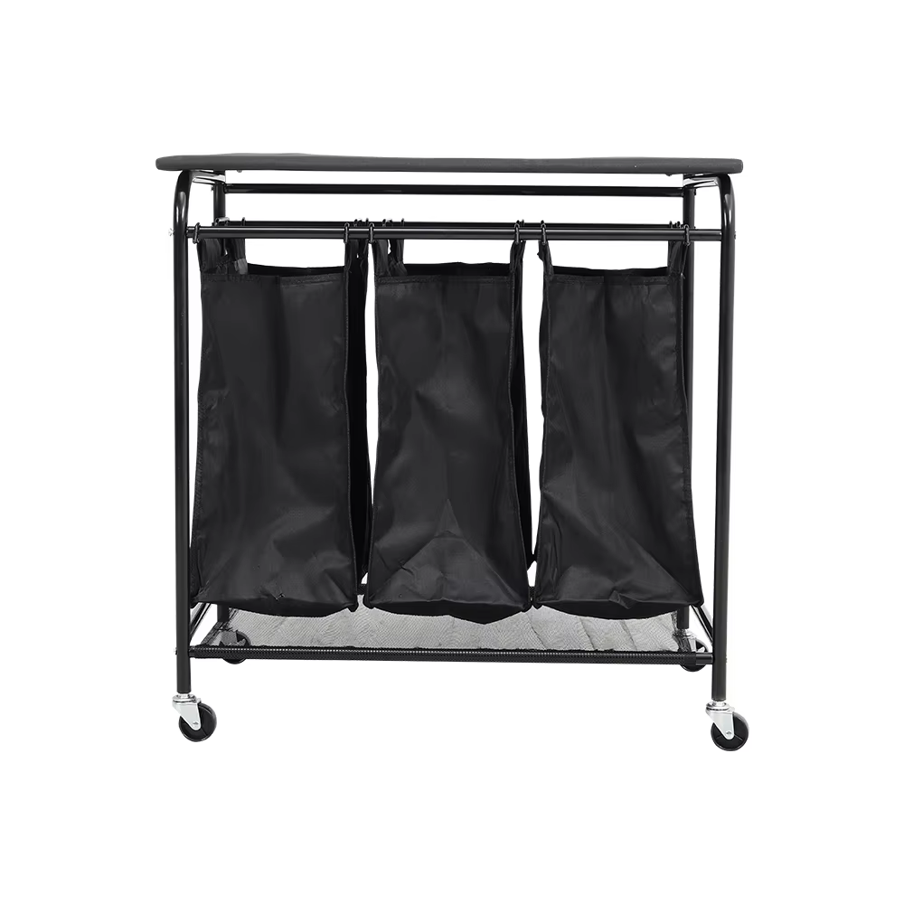 Black 3 Bag Wheeled Laundry Sorter Cart with Ironing Board