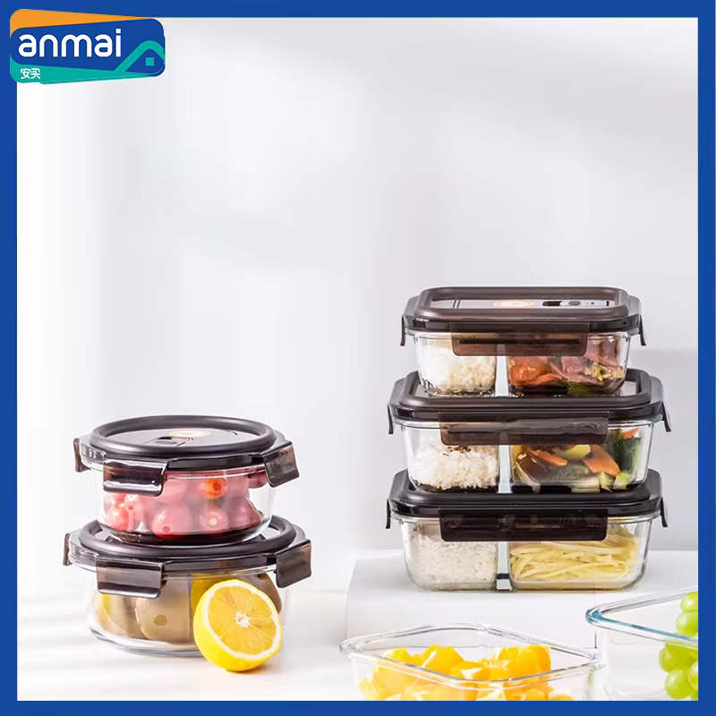 Anmai High Borosilicate Glass Bowl Lunch Box with Air Hole Lid Tableware for Microwave Heating Oven Baking Fresh-keeping