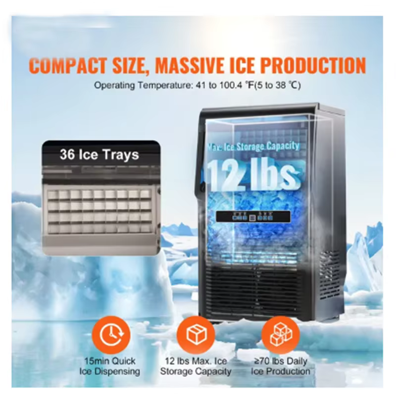 Commercial Ice Maker, 70lbs/24H, Ice Maker Machine, 36 Ice Cubes in 12-15 Minutes, Freestanding Cabinet Ice Maker with 11lbs Sto