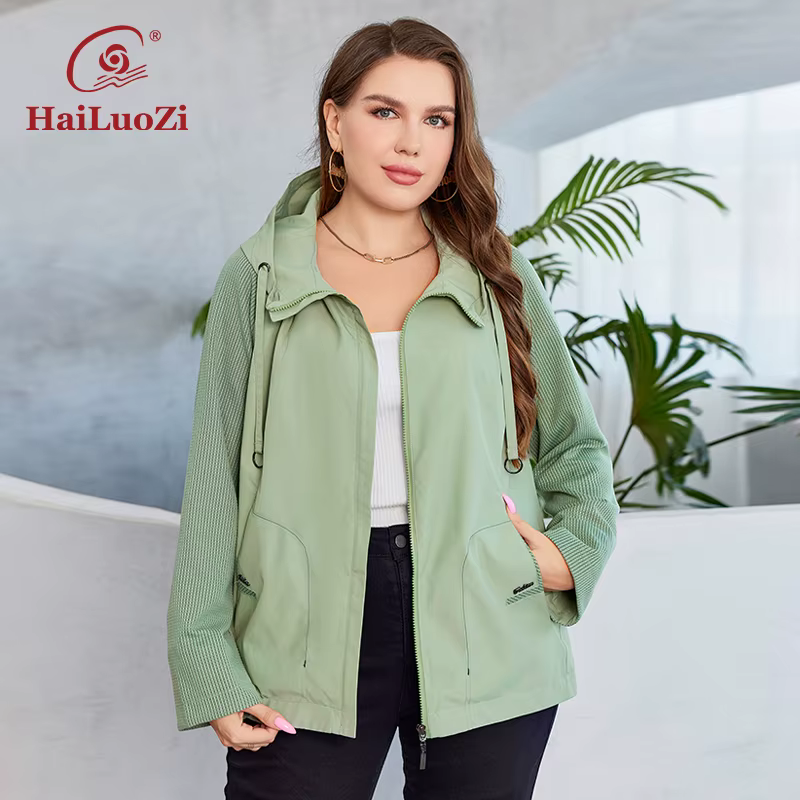 HaiLuoZi 2023 New Autumn Women Trench Coat Plus Size Solid Color Short Spliced Hooded Jacket Slant Pocket Female Outwear 729