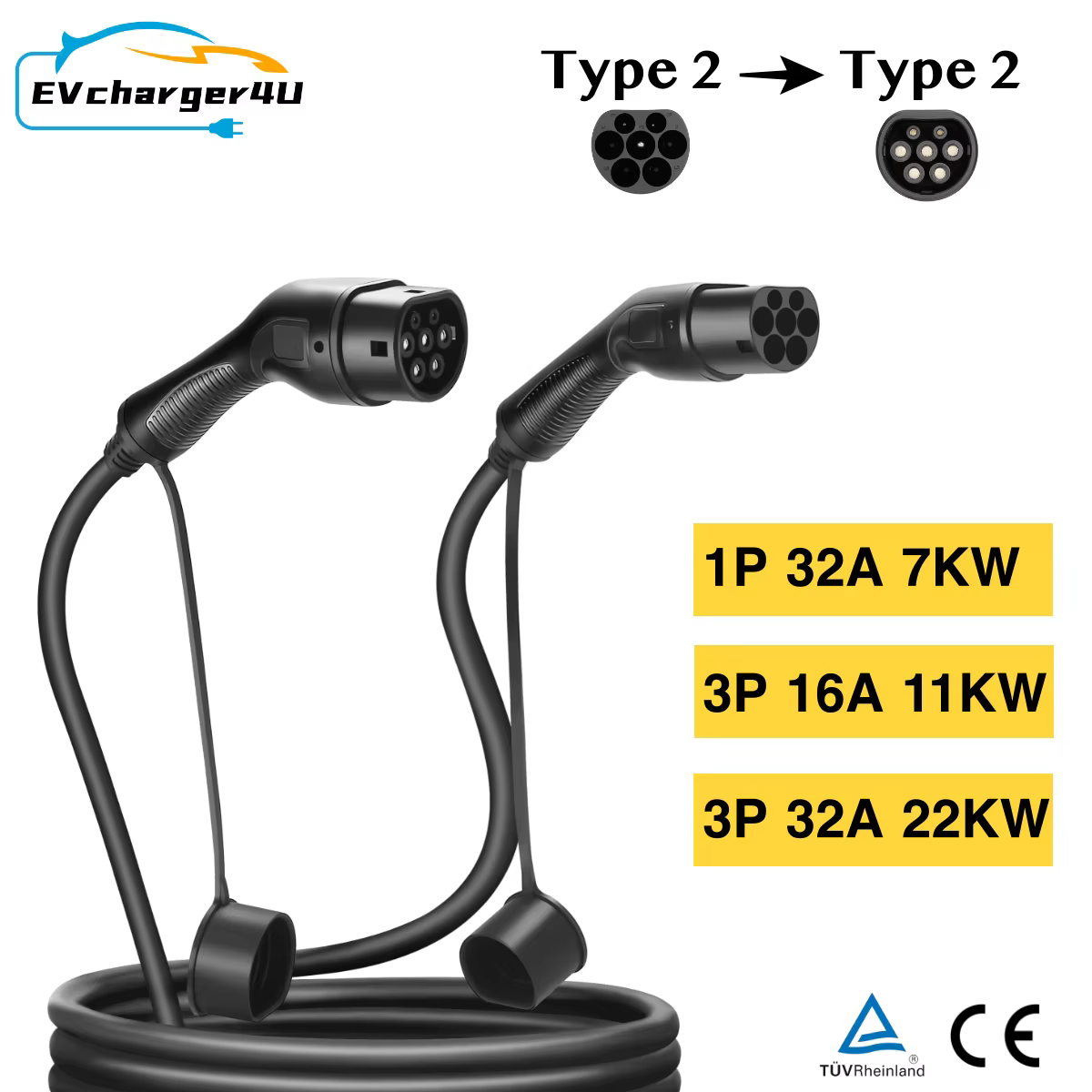 EVcharger4U IEC62196 EV Charging Cable Type 2 1Phase/3Phase 16A/32A 7KW/11KW/22KW Station Charger Cord For Electric Vehicle