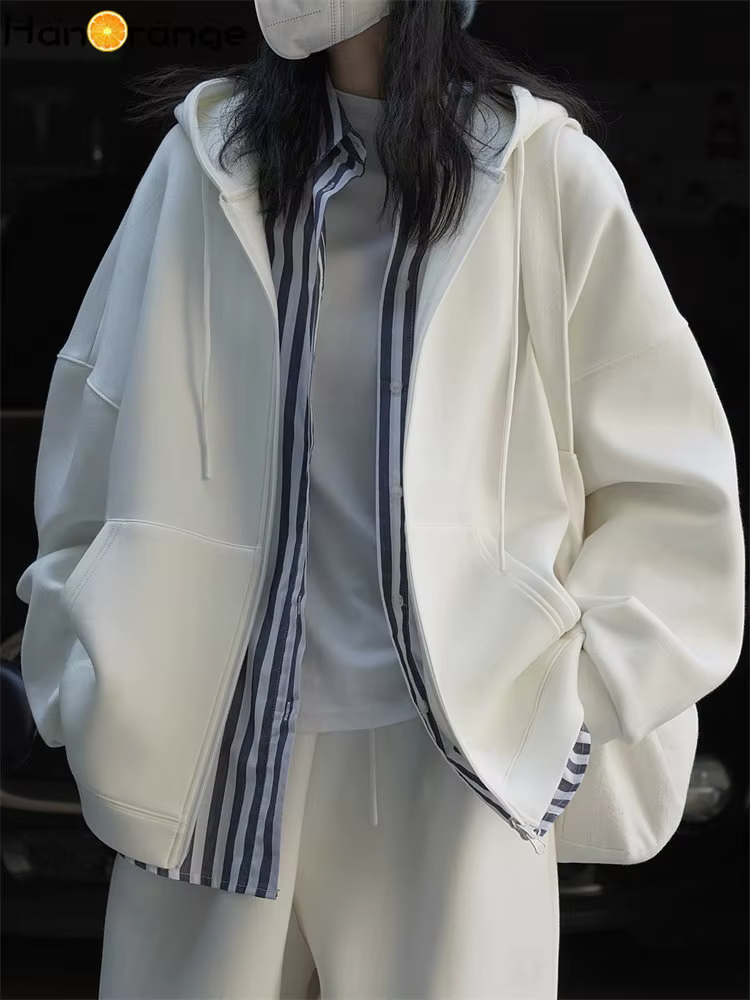 HanOrange 2024 Spring Simple Silhouette Air Layer Zipper Hoodies Women Skin Friendly Loose Casual Hooded Sweatshirt Female