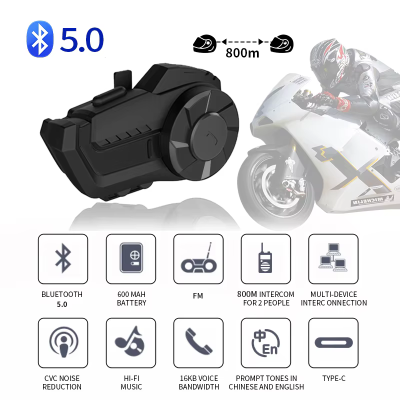 Motorcycle Helmet Intercom Headset 800M 2 Rider Talking Bluetooth 5.0 Headset with Microphone FM Radio Waterproof HY-1001