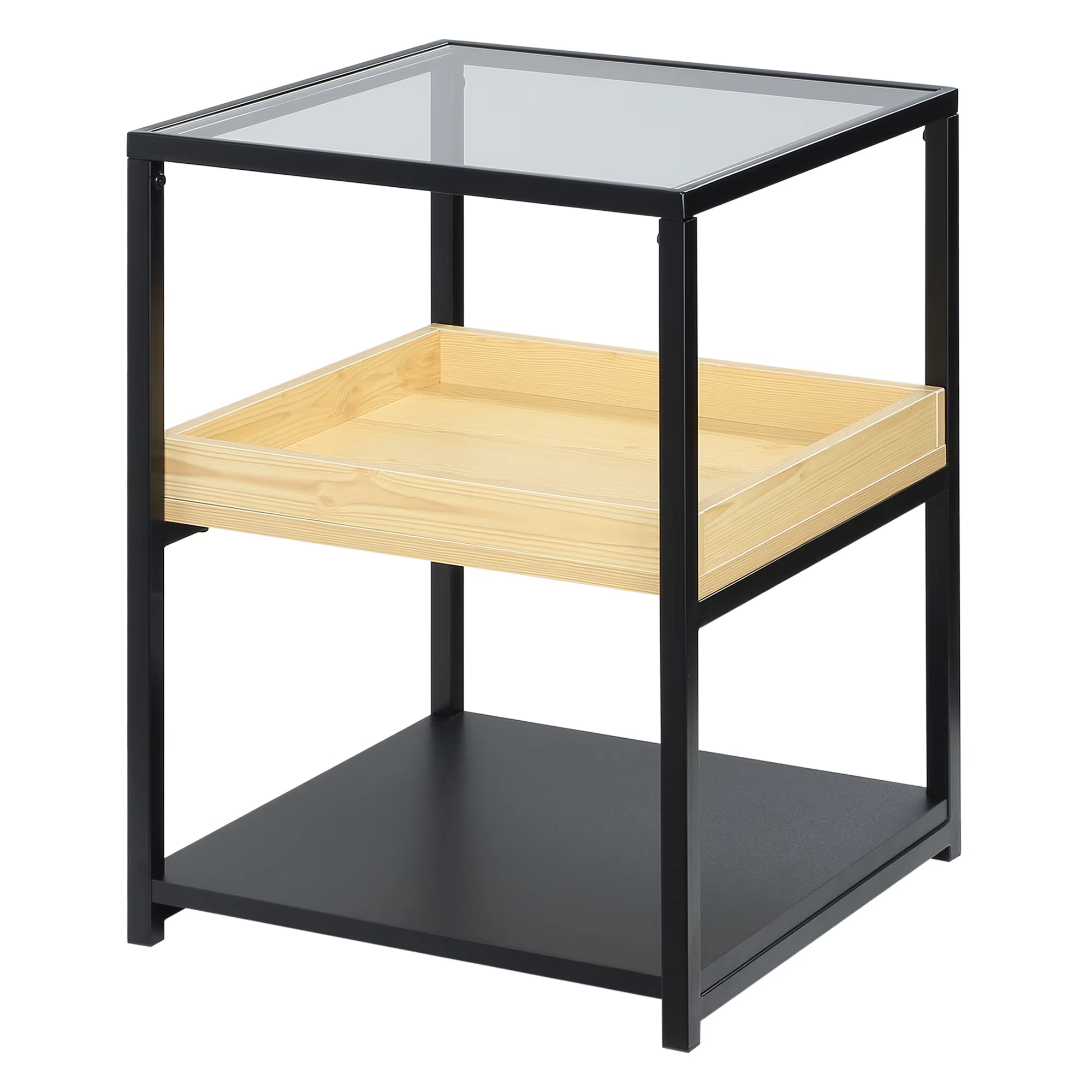 HOMCOM 3-level side table modern style glass countertop bedroom steel wood shelves living room 40x40x55 cm black
