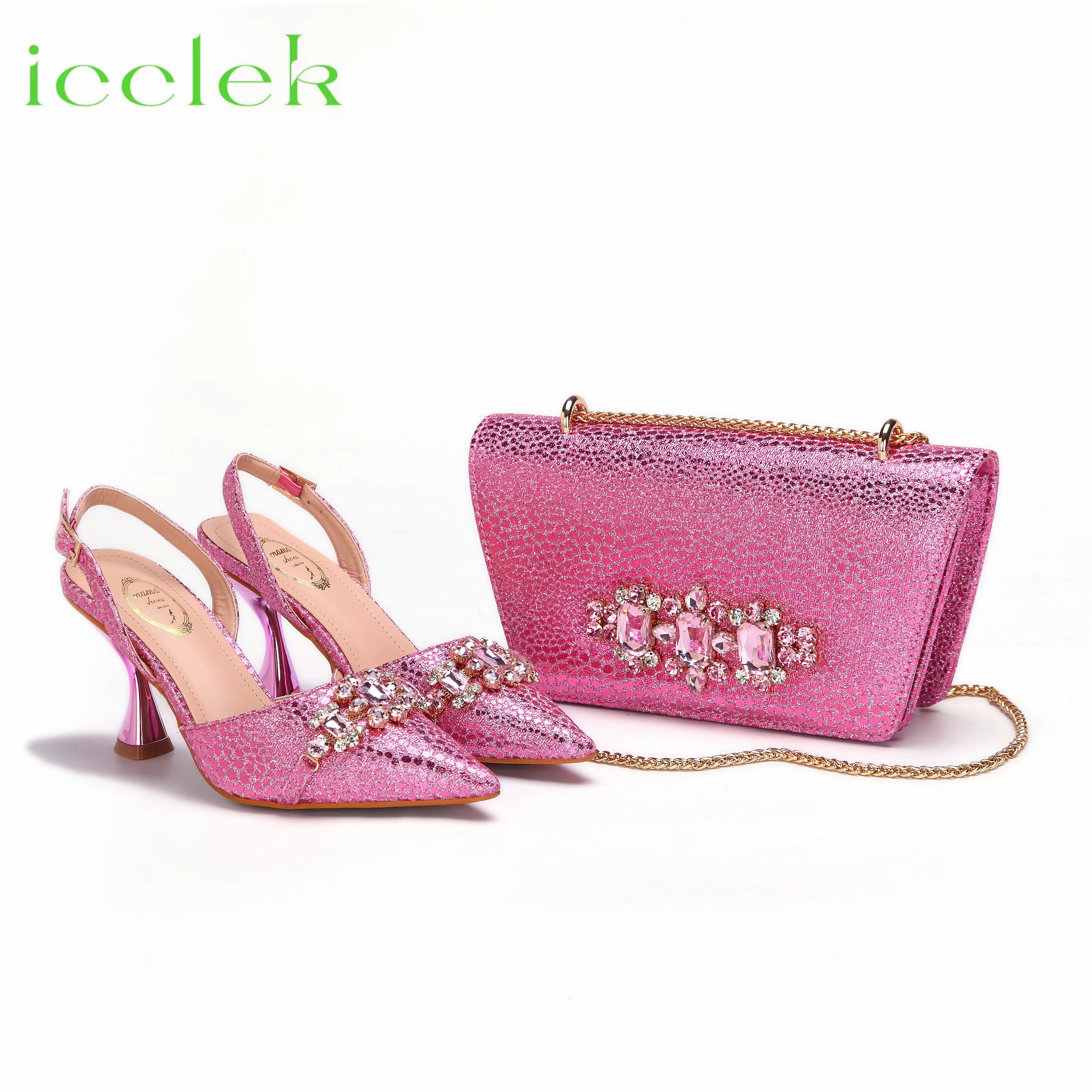 High Heels Shoes for Women Fashion Embroidery Rhinestone Italian Design Pink Color Pointed Toe Shoes and Bags Set
