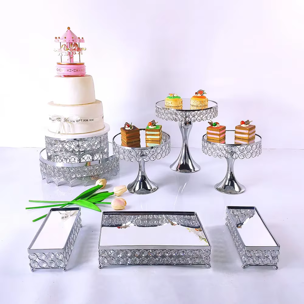 Silver 4- 10pcs  Electroplate Metal  Crystal Cake Stand Set Display Wedding Birthday Party Dessert  Cupcake Plate Rack