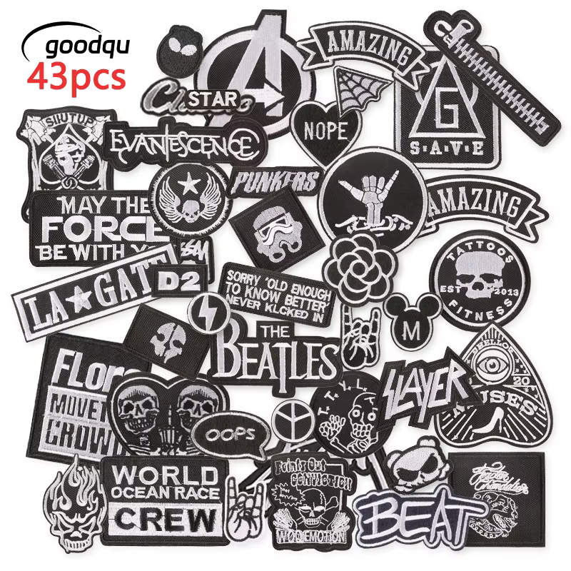 43pcs Lot Black White Skull Patches For Clothing Letters Iron On Embroidered Parches Small Bulk Wholesale Pack Jackets Naszywki