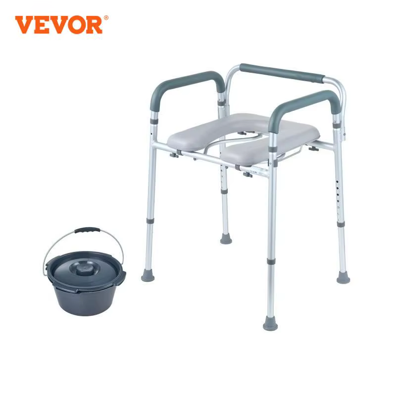 VEVOR Commode Chair Bedside Commode with Padded Seat and Arms, 7-Level Adjustable Height 5.8L Removable Bucket Easy to Assemble