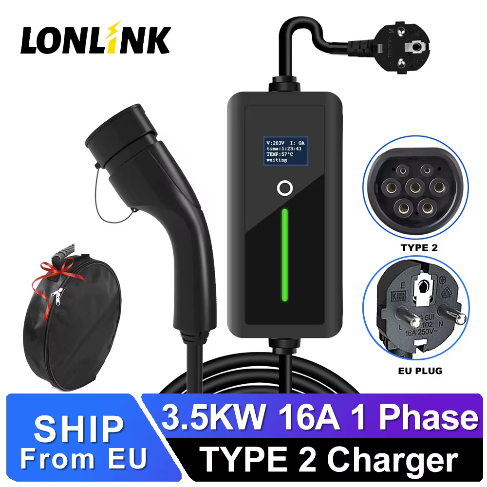 Lonlink Portable Electric Car Charger Type 2 3.5 KW 16A EV Charging TYPE 2 Station Wallbox 3.5M Cable For Electric Vehicle