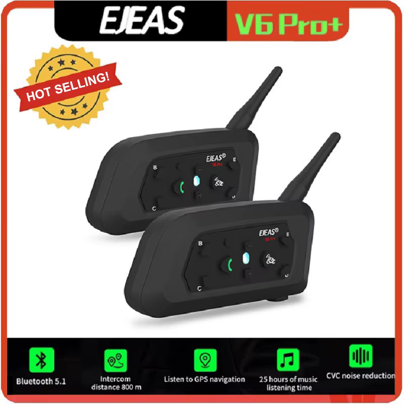 EJEAS V6 PRO for 6 Riders with Bluetooth Motorcycle Headset+1200M BT Interphone Waterproof Helmet Intercom Communicator