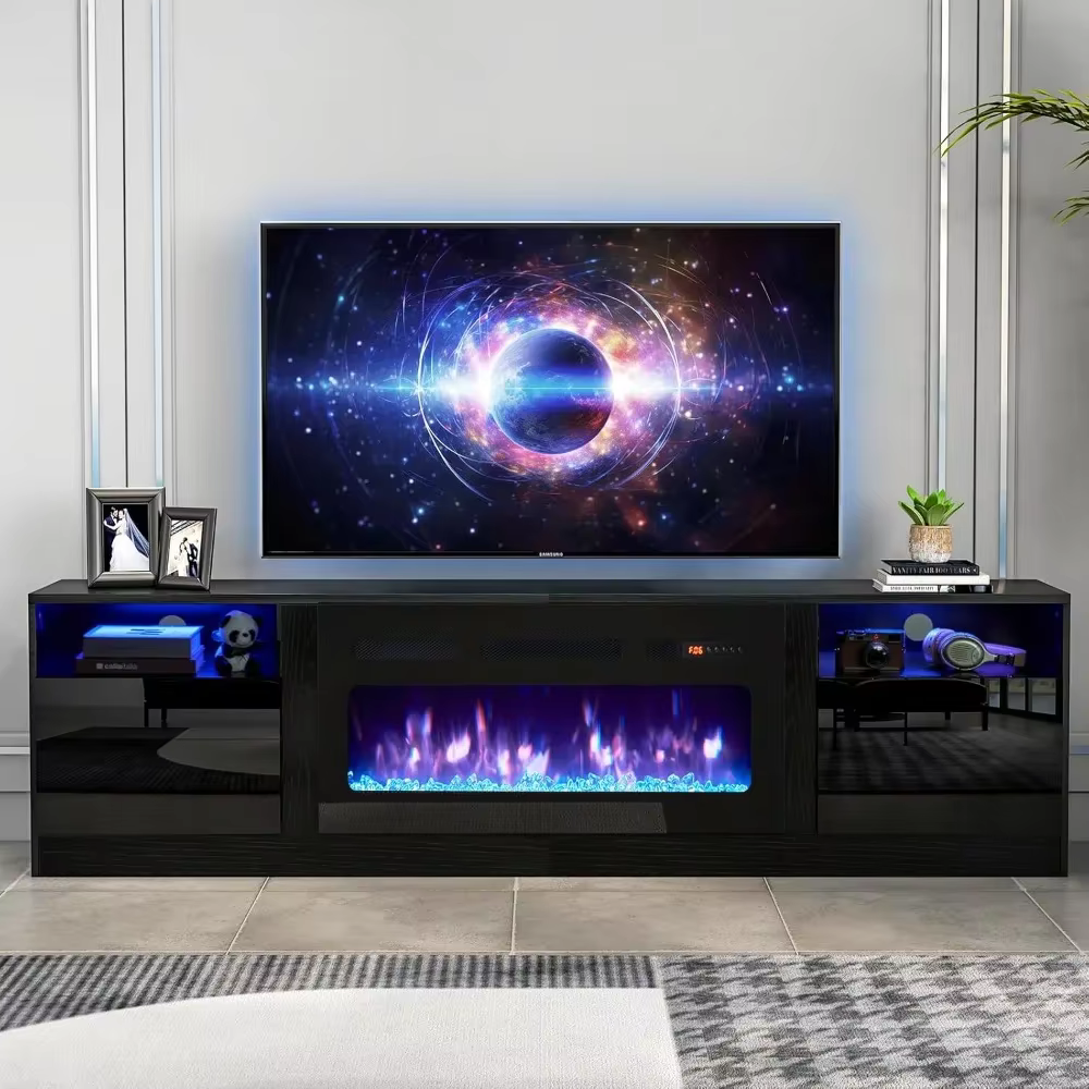 Fireplace TV Stand with 36" Electric Fireplace, LED Light Entertainment Center with Modern Wood Texture, Highlight Storage