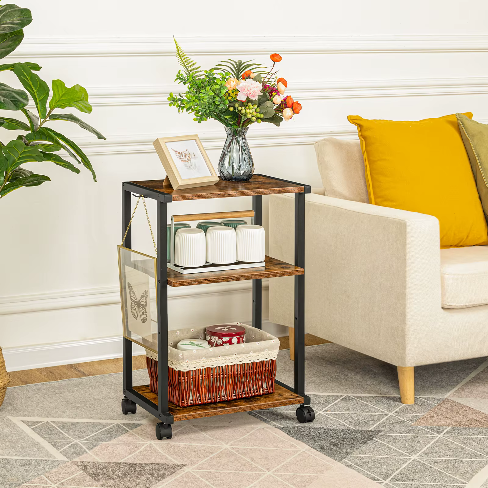 HOOBRO Printer Table  3-Tier Printer Cart With Wheels Height-Adjustable Printer Stand With 3 Shelves And 2 Hooks For Home Office