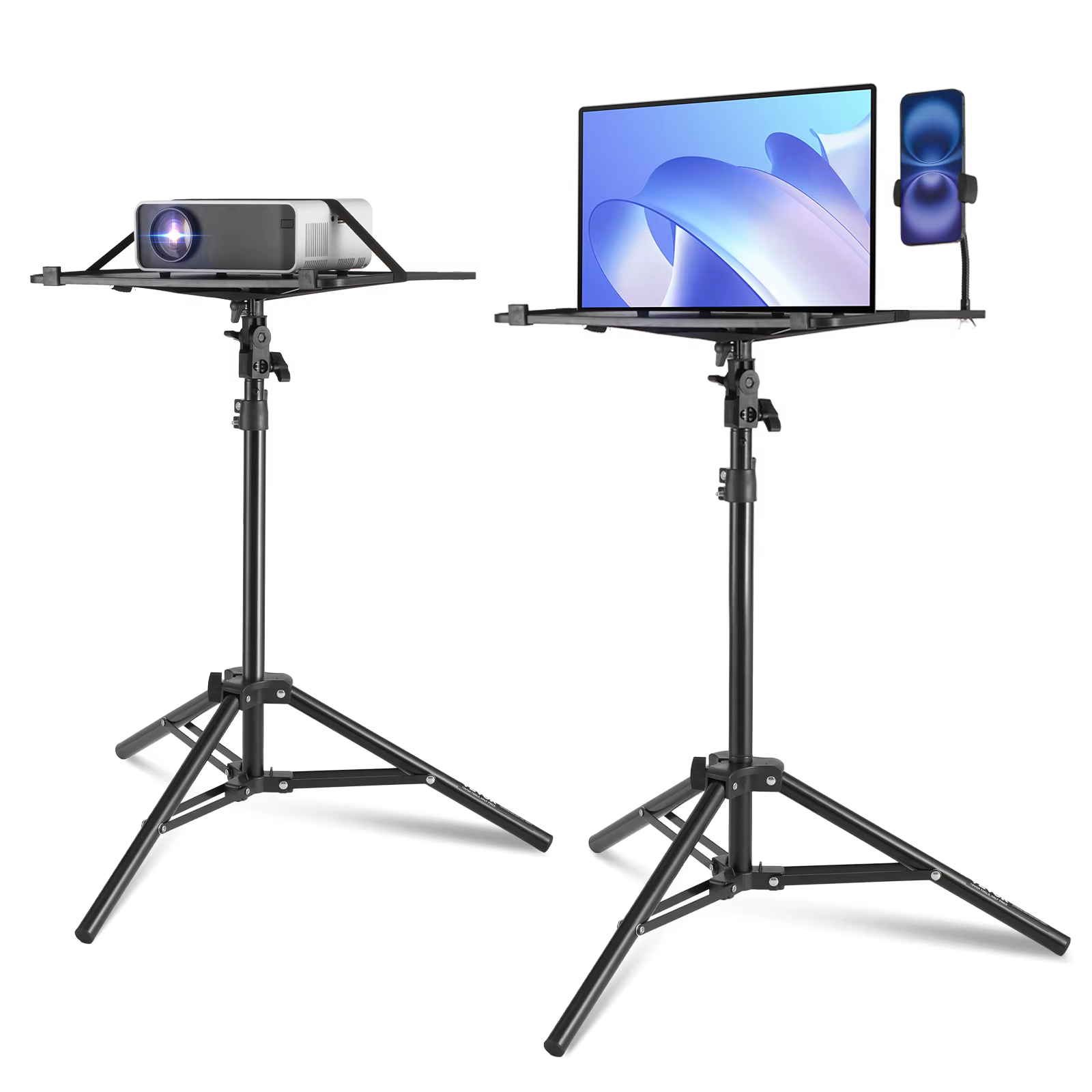 VEVOR Portable Projector Tripod Stand Adjustable Height with Tray&Gooseneck Phone Holder for Outdoor Movies Home Office Stage